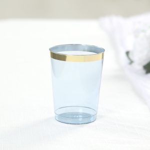 25-Pack Plastic Tumbler Cups 10oz Dusty Blue with Gold Rim - Disposable Crystal Drinking Glasses for Parties