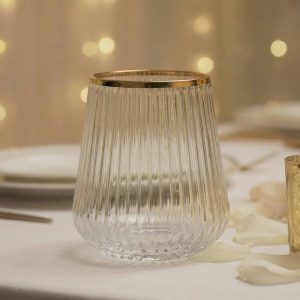 12-Pack Plastic Stemless Wine Glasses – 12oz Clear with Gold Rim Ribbed Design, Reusable Shatterproof Cocktail Tumblers