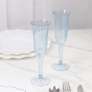 24-Pack Plastic Champagne Flutes 6oz Transparent Dusty Blue Flared Design - Disposable Glasses with Detachable Base