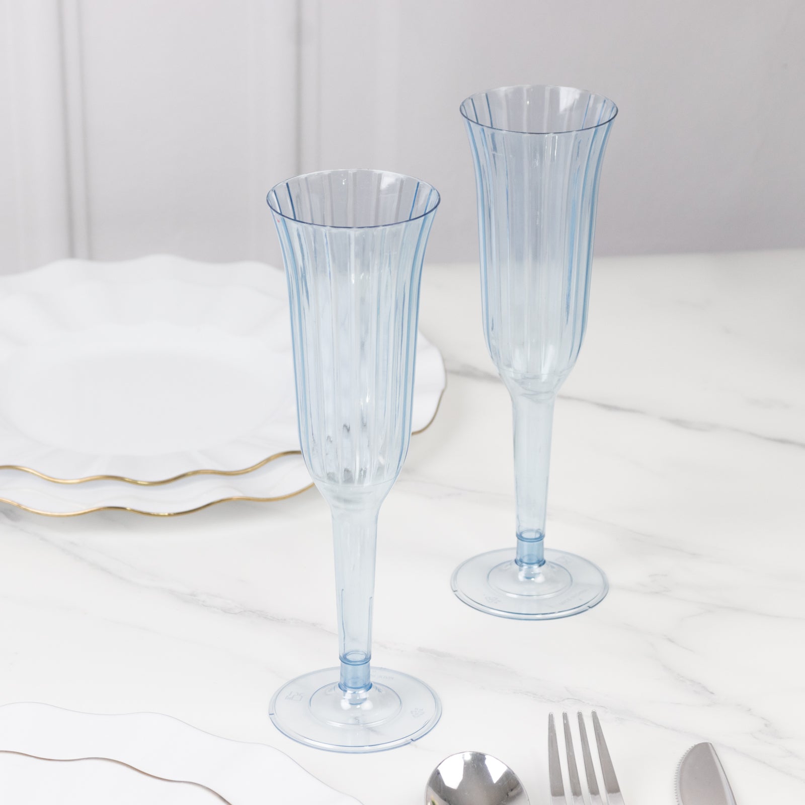 24-Pack Plastic Champagne Flutes 6oz Transparent Dusty Blue Flared Design - Disposable Glasses with Detachable Base